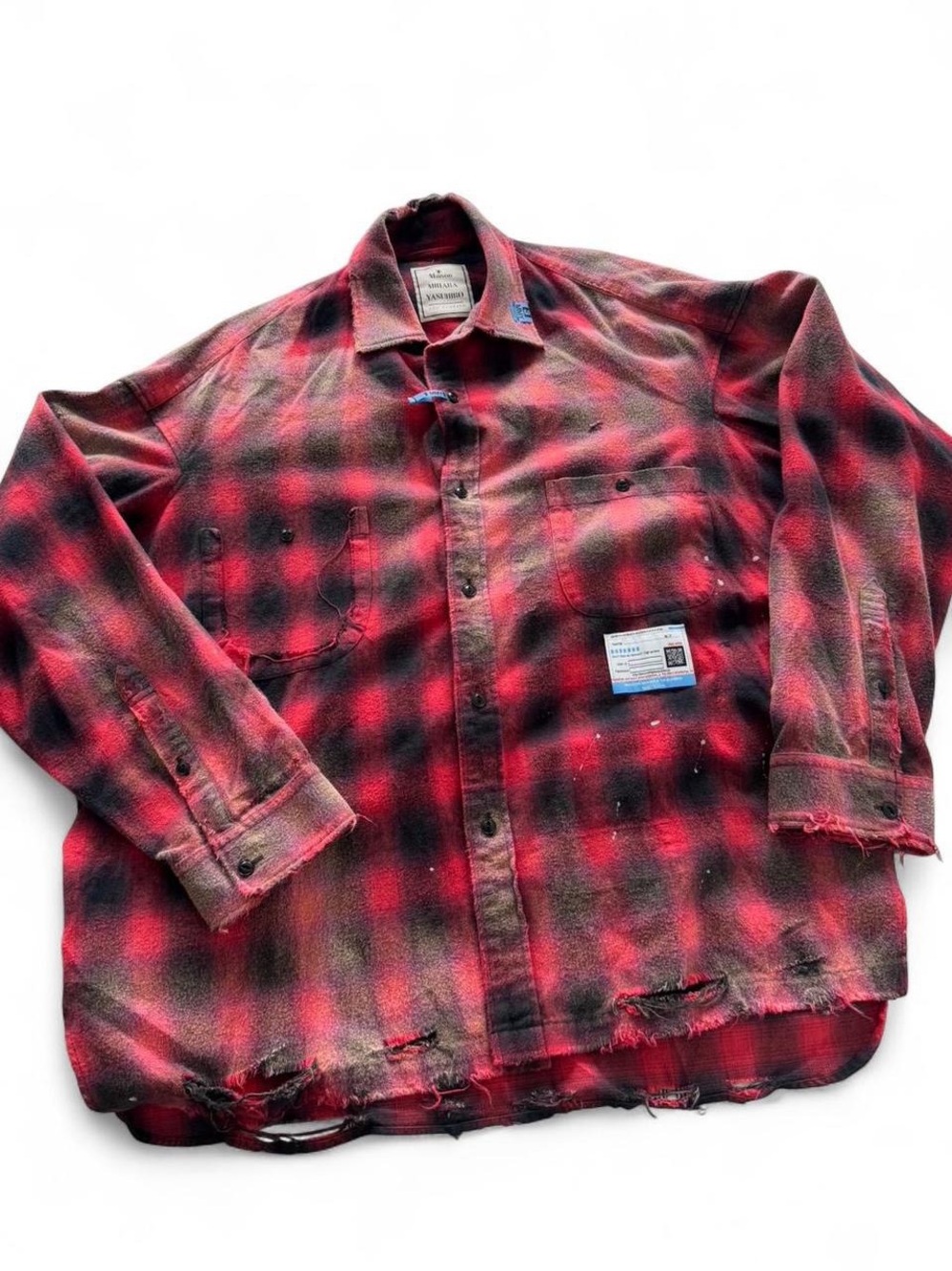Miharayasuhiro Distressed Red and Black Plaid Button-Down Shirt